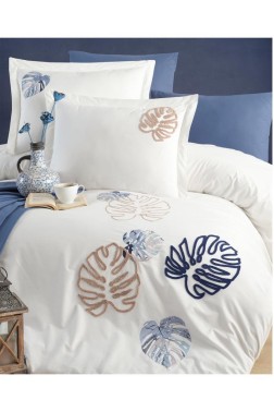 Palmariva Embroidered 100% Cotton Duvet Cover Set, Duvet Cover 200x220, Sheet 240x260, Double Size, Full Size Ecru - Thumbnail