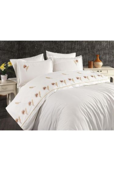 Palmiye Embroidered 100% Cotton Duvet Cover Set, Duvet Cover 200x220, Sheet 240x260, Double Size, Full Size Cappcuino