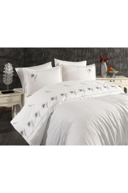 Palmiye Embroidered 100% Cotton Duvet Cover Set, Duvet Cover 200x220, Sheet 240x260, Double Size, Full Size Gray - Thumbnail