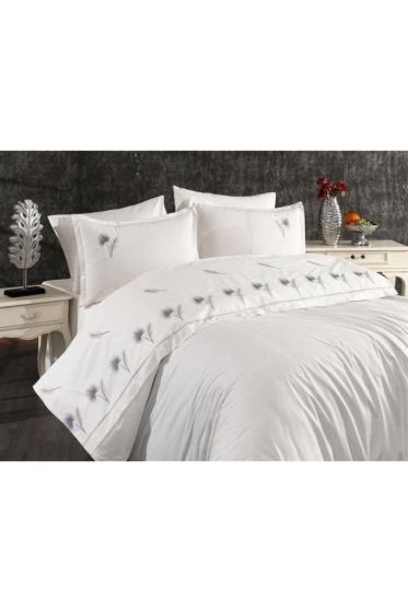 Palmiye Embroidered 100% Cotton Duvet Cover Set, Duvet Cover 200x220, Sheet 240x260, Double Size, Full Size Gray