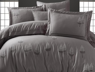 Pamira Embroidered Cotton Satin Double Duvet Cover Set Antrachite - Thumbnail