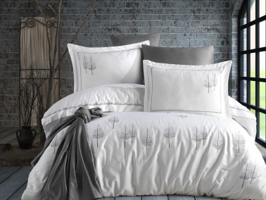 Pamira Embroidered Cotton Satin Double Duvet Cover Set White - Thumbnail