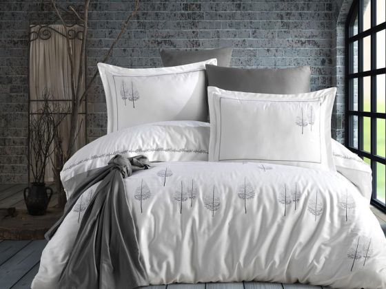 Pamira Embroidered Cotton Satin Double Duvet Cover Set White