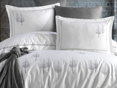 Pamira Embroidered Cotton Satin Double Duvet Cover Set White - Thumbnail