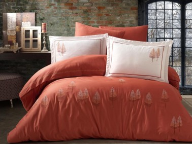 Pamira Embroidered Cotton Satin Double Duvet Cover Set Orange - Thumbnail