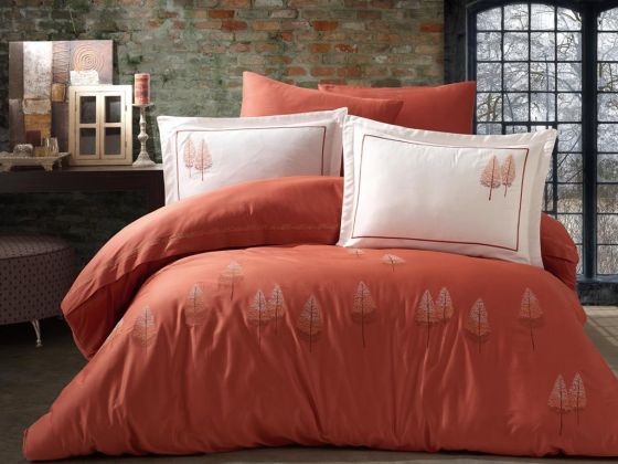 Pamira Embroidered Cotton Satin Double Duvet Cover Set Orange