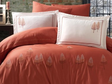Pamira Embroidered Cotton Satin Double Duvet Cover Set Orange - Thumbnail