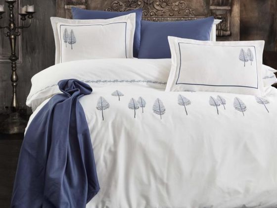 Pamira Embroidered Cotton Satin Double Duvet Cover Set Navy Blue