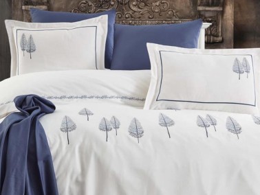 Pamira Embroidered Cotton Satin Double Duvet Cover Set Navy Blue - Thumbnail