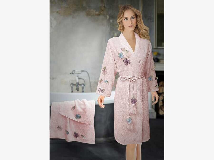 Dowry World - Cotton 3D Flowers 3 Piece Women Bathrobe Set Light Powder
