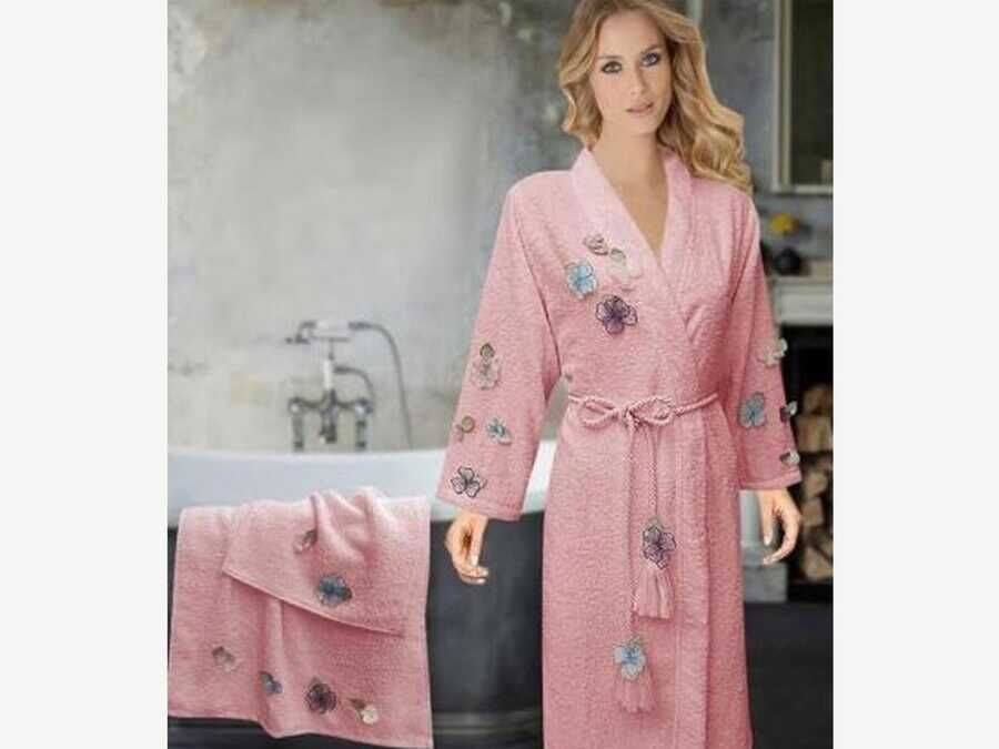 Cotton 3d Flowers 3 Piece Women Bathrobe Set Powder