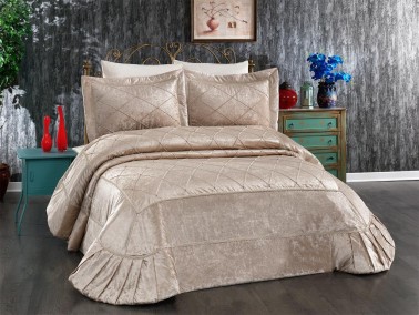 Pandora Embroidered Velvet Double Bedspread Beige - Thumbnail