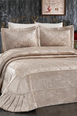 Pandora Embroidered Velvet Double Bedspread Beige - Thumbnail