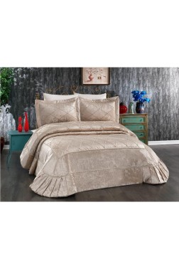 Pandora Embroidered Velvet Double Bedspread Beige - Thumbnail