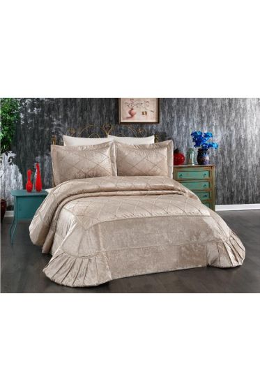 Pandora Embroidered Velvet Double Bedspread Beige