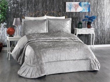 Pandora Embroidered Velvet Double Bedspread Gray - Thumbnail