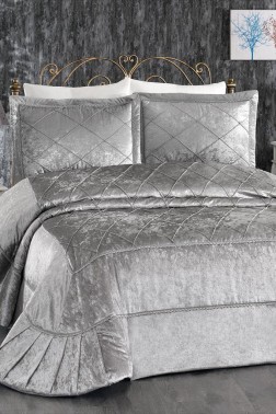 Pandora Embroidered Velvet Double Bedspread Gray - Thumbnail