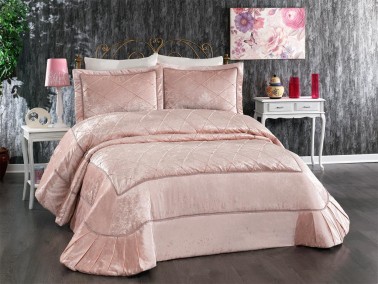 Pandora Embroidered Velvet Double Bedspread Powder - Thumbnail