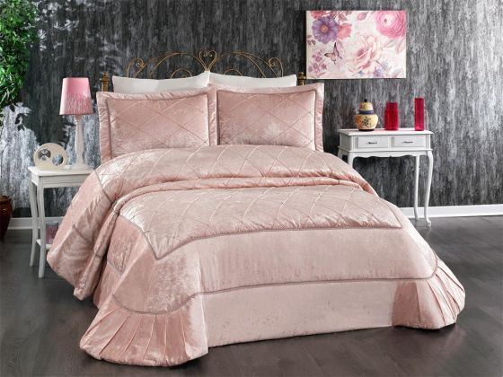 Pandora Embroidered Velvet Double Bedspread Powder