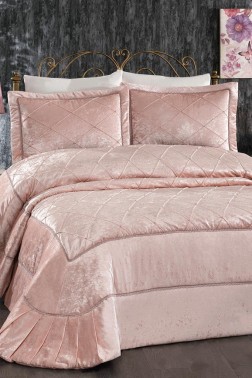 Pandora Embroidered Velvet Double Bedspread Powder - Thumbnail