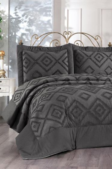 Panula Chenille Double Size Quilted Bedspread Set, Coverlet 260x260 with Pillowcase, King Size, Jacquard Fabric Antrachite
