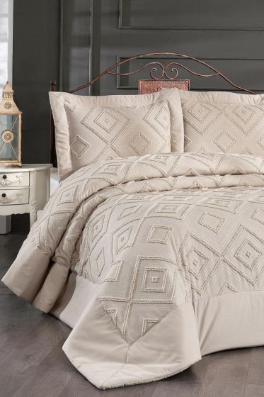 Panula Chenille Double Size Quilted Bedspread Set, Coverlet 260x260 with Pillowcase, King Size, Jacquard Fabric Beige