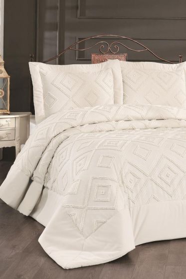 Panula Chenille Double Size Quilted Bedspread Set, Coverlet 260x260 with Pillowcase, King Size, Jacquard Fabric Cream