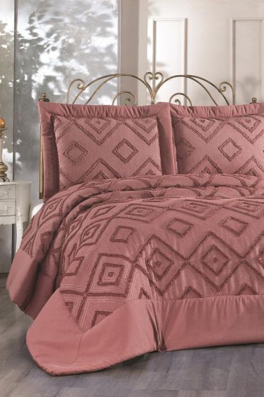 Panula Chenille Double Size Quilted Bedspread Set, Coverlet 260x260 with Pillowcase, King Size, Jacquard Fabric Dry Rose