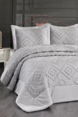 Çeyiz Diyarı - Panula Chenille Double Size Quilted Bedspread Set, Coverlet 260x260 with Pillowcase, King Size, Jacquard Fabric Gray Çeyiz Diyarı - Panula Chenille Double Size Quilted Bedspread Set, Coverlet 260x260 with Pillowcase, King Size, Jacquard Fabric Gray