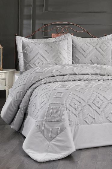 Panula Chenille Double Size Quilted Bedspread Set, Coverlet 260x260 with Pillowcase, King Size, Jacquard Fabric Gray
