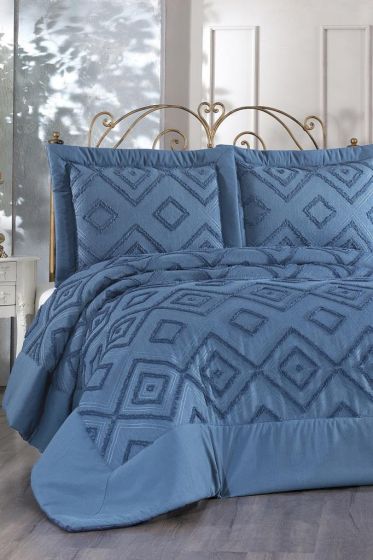 Panula Chenille Double Size Quilted Bedspread Set, Coverlet 260x260 with Pillowcase, King Size, Jacquard Fabric Indigo