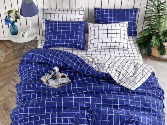 Pari Bedding Set 4 Pcs, Duvet Cover, Bed Sheet, Pillowcase, Double Size, Self Patterned, Wedding, Blue - White