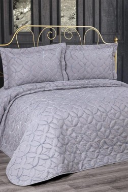 Parolin Quilted Bedspread Set 3pcs, Coverlet 180x240, Pillowcase 50x70, Single Size, Laced, Gray - Thumbnail