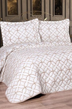 Parolin Quilted Bedspread Set 3pcs, Coverlet 250x260, Pillowcase 50x70, Double Size, Laced, Cream - Gold - Thumbnail