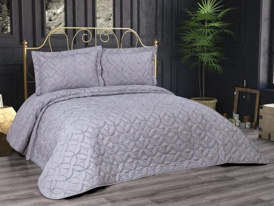 Parolin Quilted Bedspread Set 3pcs, Coverlet 250x260, Pillowcase 50x70, Double Size, Laced, Gray