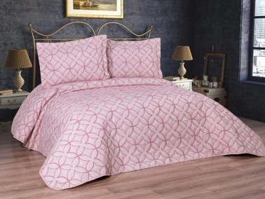 Parolin Quilted Bedspread Set 3pcs, Coverlet 250x260, Pillowcase 50x70, Double Size, Laced, Pink - Thumbnail