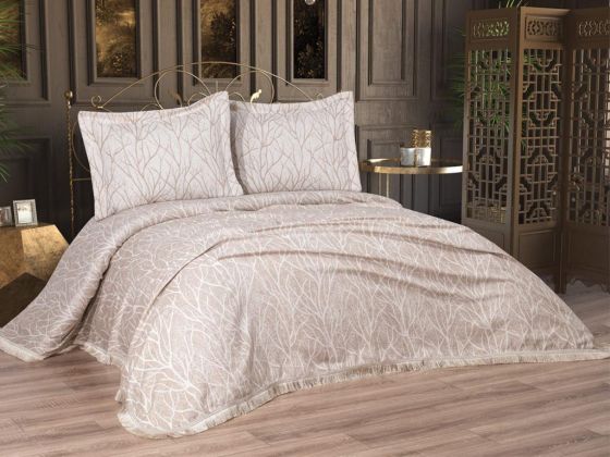 Pastel Double Size Cotton Bedspread Set, Coverlet 250x255 cm Beige