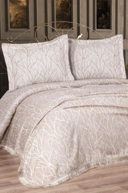 Pastel Double Size Cotton Bedspread Set, Coverlet 250x255 cm Beige - Thumbnail