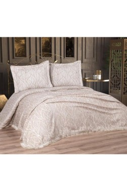 Pastel Double Size Cotton Bedspread Set, Coverlet 250x255 cm Beige - Thumbnail