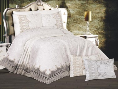 Pelin Bedding Set, Bedspread 250x260, Sheet 220x240, Chenille Fabric, Cream- Cappucino - Thumbnail