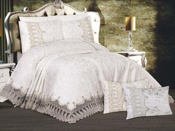 Pelin Bedding Set, Bedspread 250x260, Sheet 220x240, Chenille Fabric, Cream- Cappucino