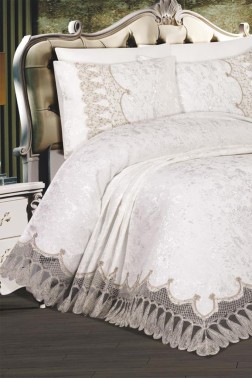 Pelin Bedding Set, Bedspread 250x260, Sheet 220x240, Chenille Fabric, Cream- Cream - Thumbnail