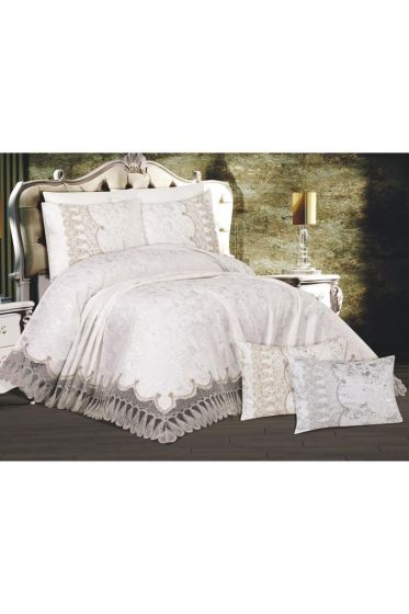 Pelin Bedding Set, Bedspread 250x260, Sheet 220x240, Chenille Fabric, Cream- Cream