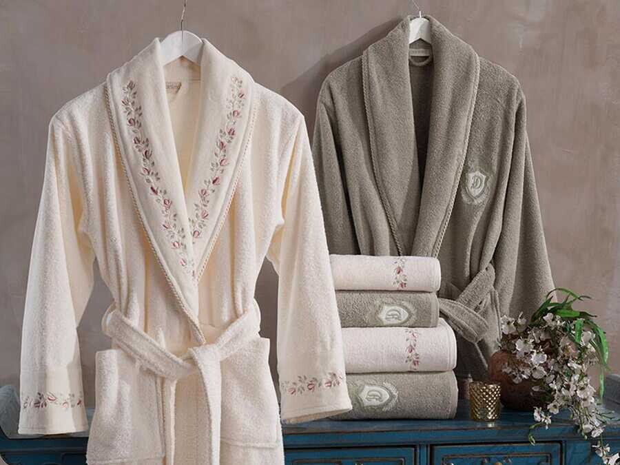  Peri Luxury Embroidered Cotton Bathrobe Set Cream Beige - Thumbnail