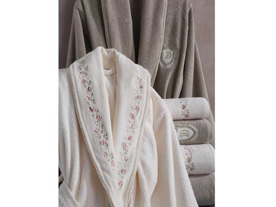  Peri Luxury Embroidered Cotton Bathrobe Set Cream Beige - Thumbnail