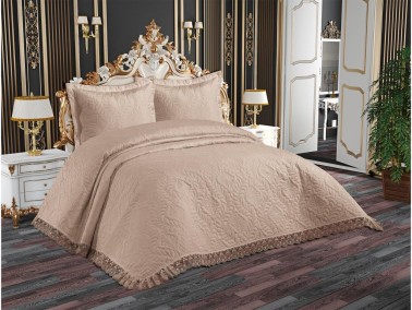 Perla Quilted Bedspread Set, Coverlet 240x260, Pillowcase 50x70, Double Size, Laced, Beige - Thumbnail