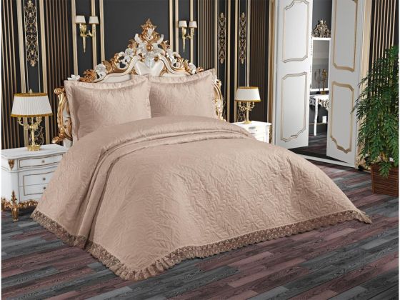 Perla Quilted Bedspread Set, Coverlet 240x260, Pillowcase 50x70, Double Size, Laced, Beige