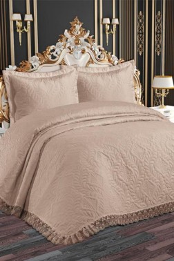 Perla Quilted Bedspread Set, Coverlet 240x260, Pillowcase 50x70, Double Size, Laced, Beige - Thumbnail