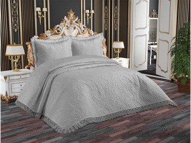 Perla Quilted Bedspread Set, Coverlet 240x260, Pillowcase 50x70, Double Size, Laced, Gray - Thumbnail