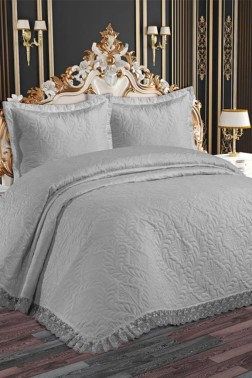 Perla Quilted Bedspread Set, Coverlet 240x260, Pillowcase 50x70, Double Size, Laced, Gray - Thumbnail